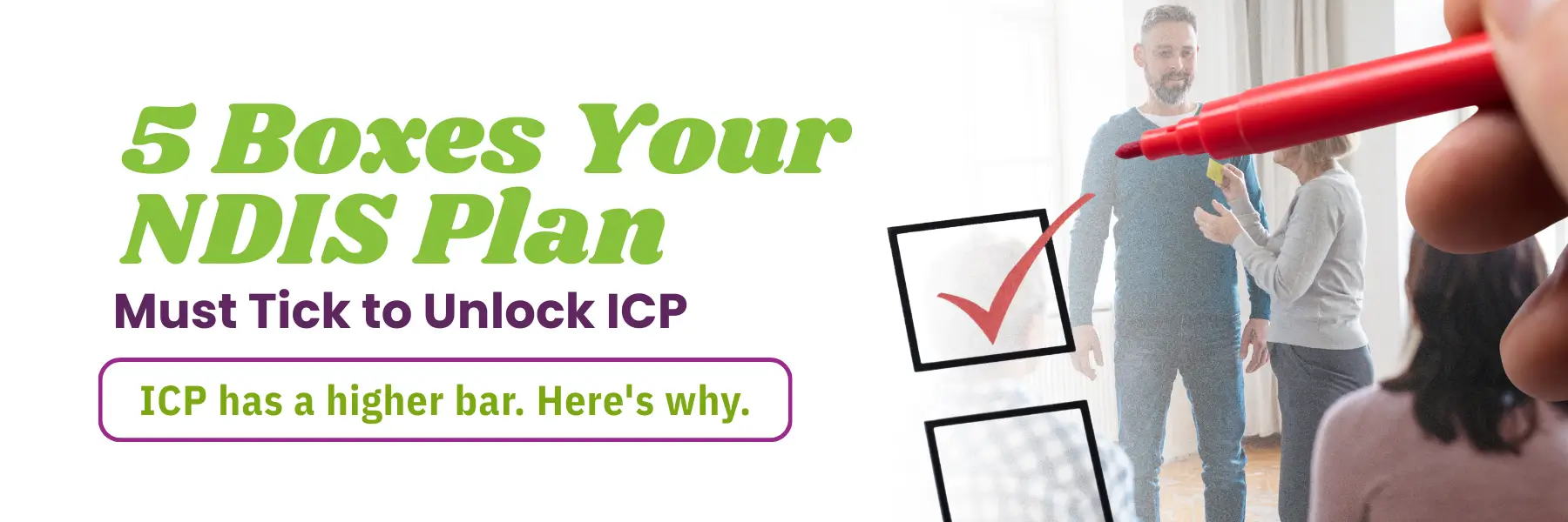 A person stands while others engage in discussion, with a checklist and red pen emphasising the importance of a NDIS plan