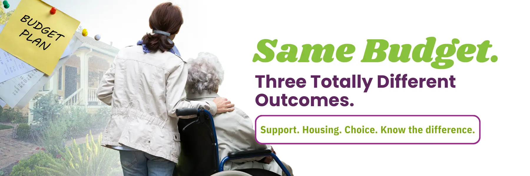 A woman in a light jacket, comforting an elderly woman in a wheelchair, on availing same budget service with same outcomes.