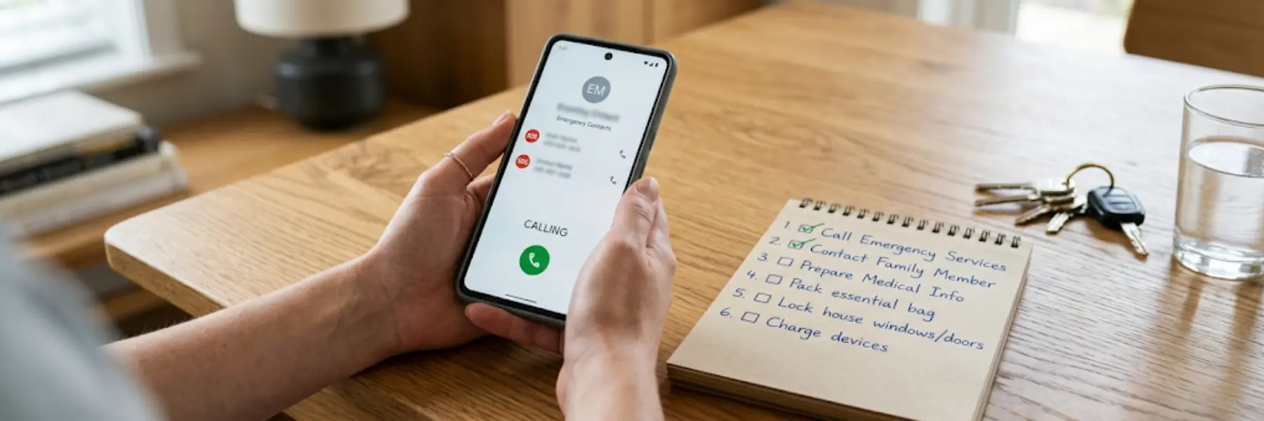 A person holds a smartphone showing a call in progress and a notepad lists emergency tasks