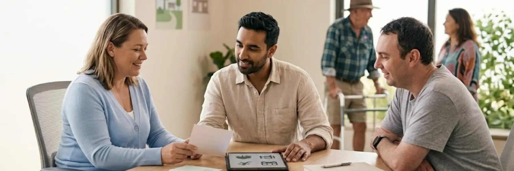 Three people sit at a table in a bright room, discussing documents with a positive atmosphere